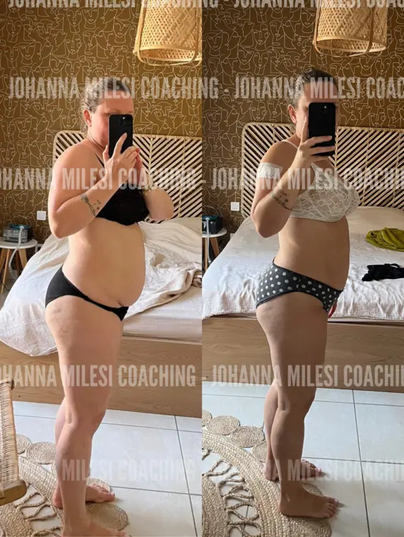 Transformation d'une cliente — silhouette affinée après plusieurs mois de suivi